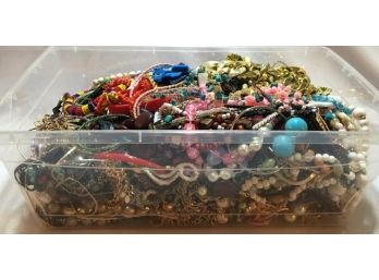Plastic Bin Full Of Costume Jewelry, Craft, Piece, Broken, Junk, & More
