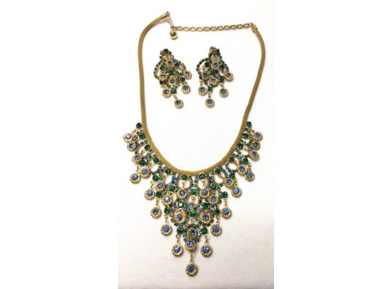 Amazing Gold-tone Green & Blue Moroccan Inspired Bib Style Necklace W/ Matching Earrings