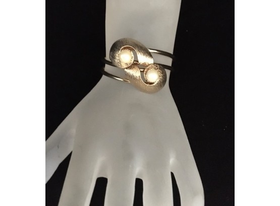 Vintage Gold-tone & Faux Pearl Hinged Cuff Bracelet
