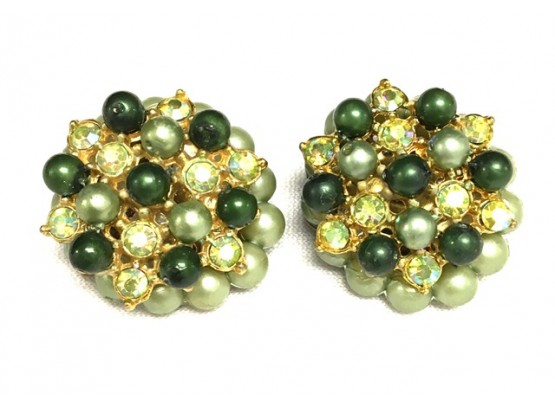Gorgeous Vintage Multi-tone Green & Citron AB Stone Clip Earrings