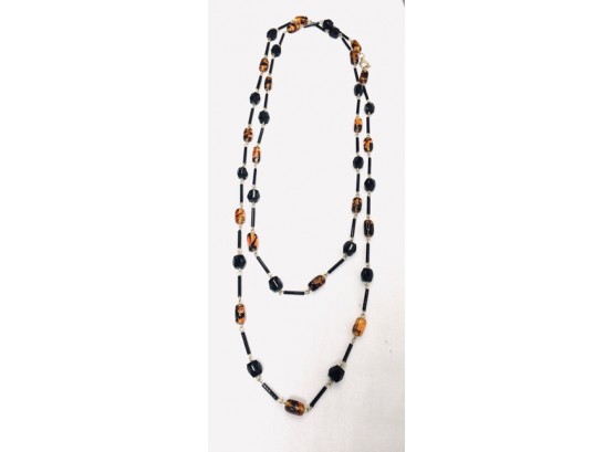 Gorgeous Black Glass & Amber Tortoise Shell Glass Bead Single-strand Necklace