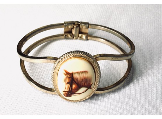 Vintage Hinged Cuff W/ Cabochon Of Horse Bit