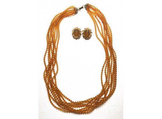 Vintage Multi-strand Amber Tone Bead Necklace W/ Button Earrings