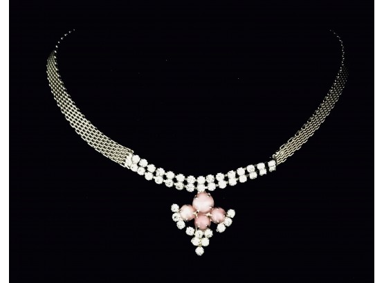 Vintage Gold-tone W/ Pink & Clear Stones Pendant Necklace