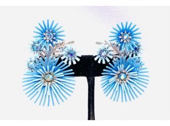 Fabulous Vintage Signed Coro Blue Hue Floral Earring Set