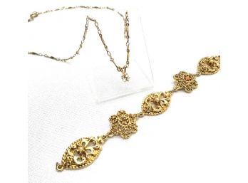 Goldtone Solitaire Necklace & Filigree Bracelet W/ Faux Pearl