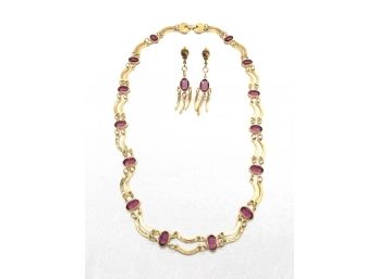 Vintage Gold Tone & Purple Necklace & Earring Set