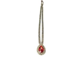 Vintage Clear Rhinestone Necklace W/ Prong Set Red Stone Pendant
