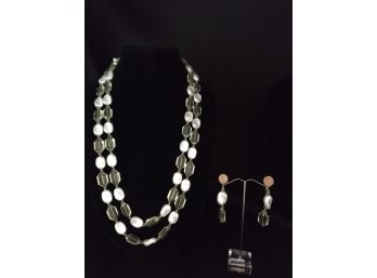 Amazing 46' Single Strand Costume Pearls & Pendant W/ Earrings