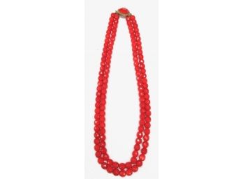 Stunning Vintage Red Glass Bead Dual Strand W/ Detailed Clasp