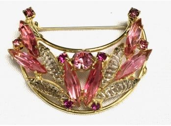 Detailed Vintage Gold-tone Pink & Clear Stone Brooch
