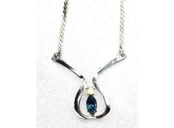 Dainty Silver Tone Necklace W/ Blue Stone Pendant