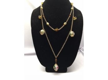 Cloisonne Style W/ Amber Crystal Faceted Bead 2-strand Necklace