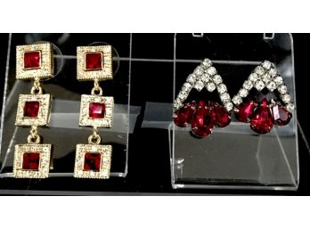 Two Pairs Of Pierced Earrings W/ Red Stones