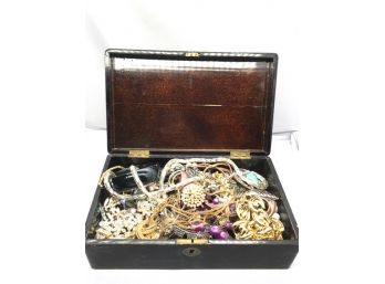 Vintage Lacquer Wooden Box Filled W/ Costume Jewellery