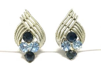 Gorgeous Signed Vintage Silver-tone Screw Back Earrings By Coro W/ Blue Stones