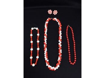 Grouping Of Vintage Red & White Bead Jewellery