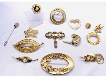 Collection Of Vintage Goldtone Brooches & More