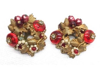 Vintage Holly Craft Cranberry Button Earrings