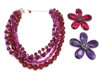Fun & Funky 5 Strand Acrylic Necklace W/ 2 Oversized Floral Brooches