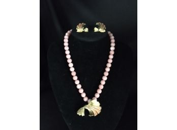 Gold Tone & Coral Tone Bead Necklace & Earring Set