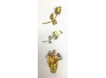 Trio Of Floral Brooches Including Signed Giovani