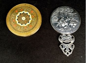 Unique Vintage Silvertone Hand Mirror And Brass Powder Compact