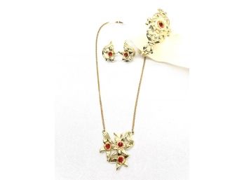 Sparkling Vintage Goldtone & Red Stone Necklace Bracelet & Earring Set