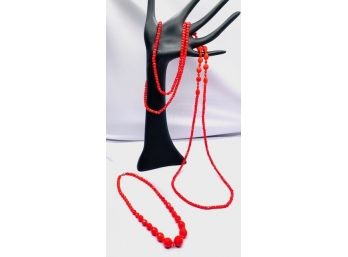 Festive Pair Of Red Glass Bead Necklaces