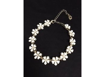 Silver-tone & White Daisy Necklace W/ Clear Rhinestone Center Details
