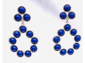 Silvertone Drop Earrings W/ Round Blue Cabochon Stones