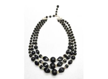 Vintage Triple Strand Black Graduated Bead Necklace
