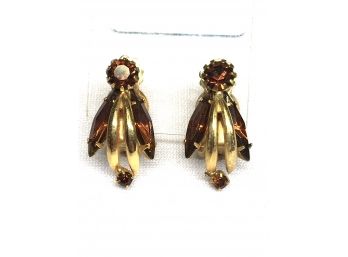 Vintage Gold-tone Clip Earrings W/ Topaz Colored Stones
