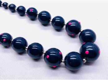 Vintage Navy Blue Graduated Bead Necklace W/ Pink Polka Dots