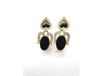 Vintage Goldtone Earrings W/ Black & Clear Stones