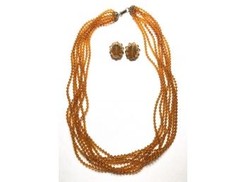 Vintage Multi-strand Amber Tone Bead Necklace W/ Button Earrings