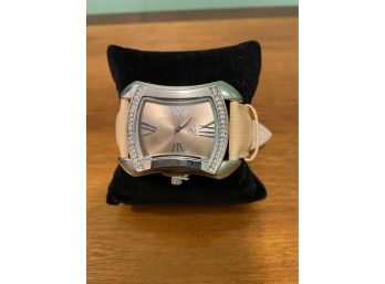 Womens Tan / Peach Color Burgi Quartz Watch With Faceted Clear Stones On Top And Bottom Of Face