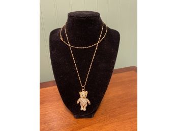 Very Nice Gold Tone And Crystal Teddy Bear Necklace With Long Twist Chain