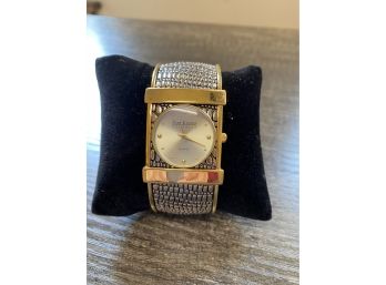 Beautiful Vintage Joan Rivers Silver And Gold Tone Bangle Watch With Snake Skin Pattern On Band