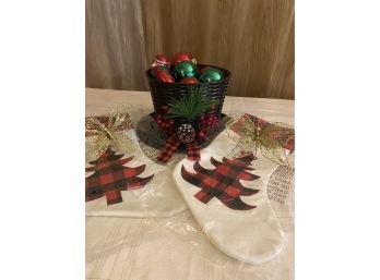 Set Of Christmas Decorations Including Glass Ornaments, Centerpiece, And Stockings