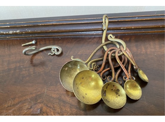 Very Unusual Brass & Copper Measuring Spoons With Wall Hook - Joe Spoon