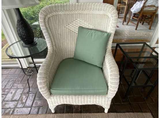 Vintage High Back Wicker Chair With Cushion And Ottoman With Braided Trim