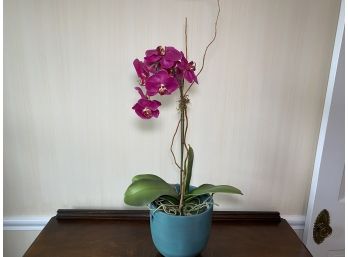 Teal Planter From Portugal With Artificial Pink Orchid