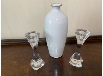 Pr. Crystal Candlesticks And Terra Cotta Vase