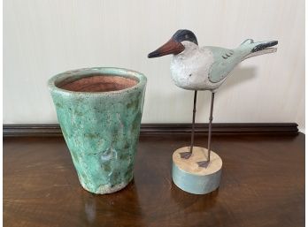 Green Crackle Planter And Wood Heron