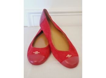 Pair Of Ladies COACH Red Suede & Leather Ballerina Flats - Size 9B
