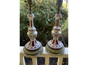 Pair Of Vintage Bohemian Czech Crystal Cut To Cranberry Glass Lamps
