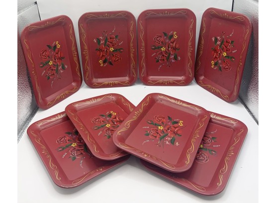 Lot Of 8 Red Floral Tin Trays