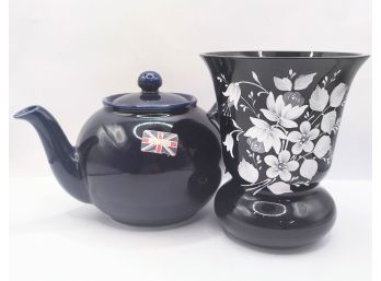 English Teapot & Black Flower Vase