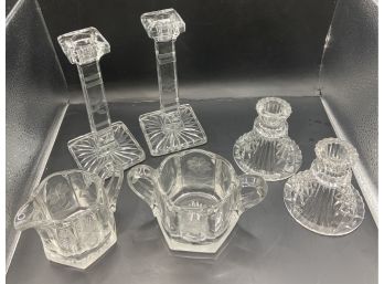 Glassware Lot: 2 Sets Of Candle Holders, 1 Creamer And Sugar Set